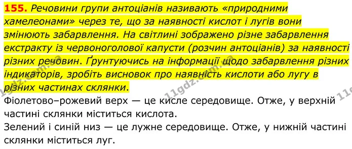 155. Речовини групи антоціанів називають «природними хамелеонами» через те, що за наявності кислот і лугів вони змінюють забарвлення — ГДЗ Хімія 8 клас Григорович