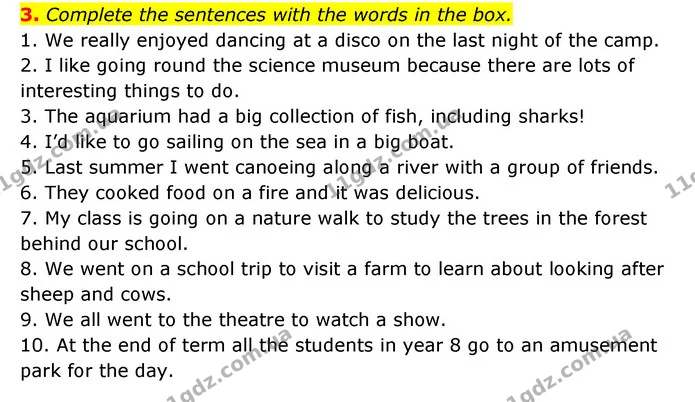 3. Complete the sentences with the words in the box. — ГДЗ робочий зошит Англійська мова 6 клас Prepare