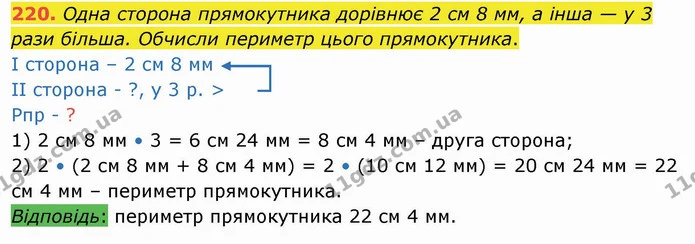 220. Одна сторона прямокутника дорівнює 2 см 8 мм, а інша — у 3 рази більша. Обчисли периметр цього прямокутника. — ГДЗ Математика 4 клас Оляницька
