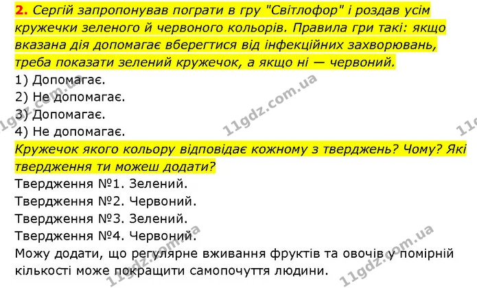 2. Сергій запропонував пограти в гру "Світлофор" і роздав усім кружечки зеленого й червоного кольорів. Правила гри такі: якщо вказана — ГДЗ Здоров’я, безпека 6 клас Шиян
