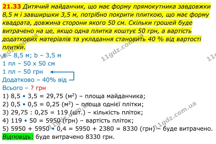 21.33 Дитячий майданчик, що має форму прямокутника завдовжки 8,5 м і завширшки 3,5 м, потрібно покрити плиткою, що має форму квадрата — ГДЗ Геометрія 8 клас Істер