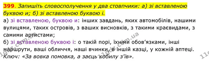 399. Запишіть словосполучення у два стовпчики: а) зі вставленою буквою и; б) зі вставленою буквою і. — ГДЗ Українська мова 6 клас Ворон, Солопенко