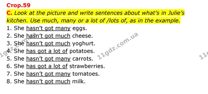 C. Look at the picture and write sentences about what’s in Julie’s kitchen. Use much, many or a lot of /lots of, as in the example. — ГДЗ Робочий зошит Англійська мова 6 клас Мітчелл