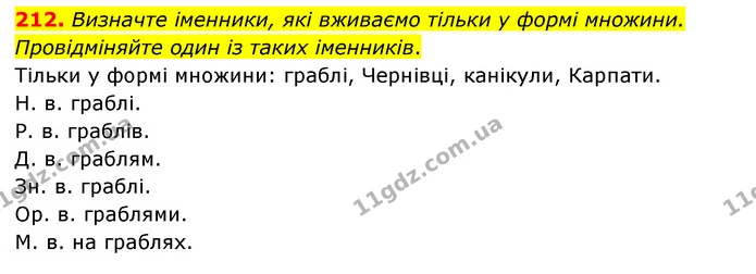 212. Визначте іменники, які вживаємо тільки у формі множини. Провідміняйте один із таких іменників. — ГДЗ Українська мова 6 клас Голуб 2023