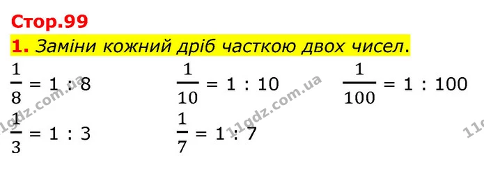 1. Заміни кожний дріб часткою двох чисел. — ГДЗ Математика 4 клас Скворцова