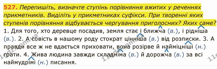 527. Перепишіть, визначте ступінь порівняння вжитих у реченнях прикметників. Виділіть у прикметниках суфікси. При творенні яких — ГДЗ Українська мова 6 клас Глазова