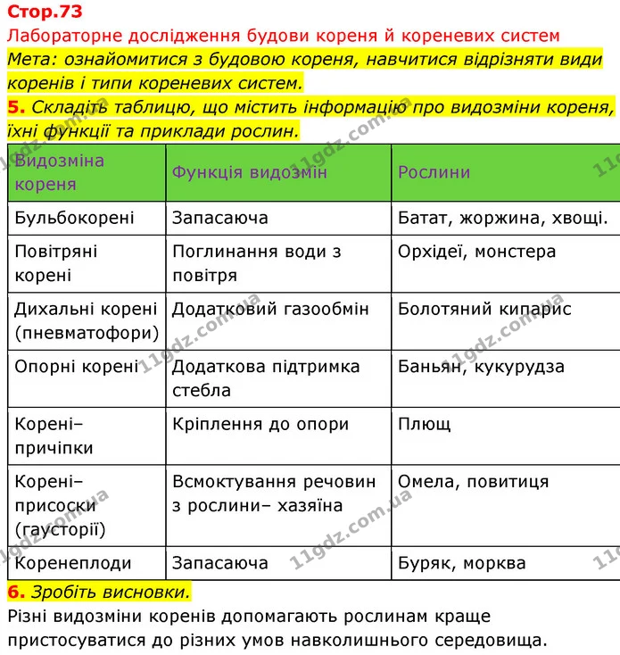 5. Складіть таблицю, що містить інформацію про видозміни кореня, їхні функції та приклади рослин. — ГДЗ Біологія 7 клас Тагліна