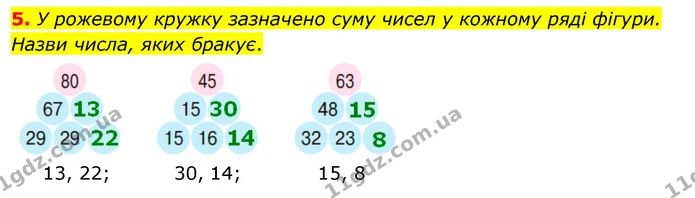 5. У рожевому кружку зазначено суму чисел у кожному ряді фігури. Назви числа, яких бракує. — ГДЗ Математика 3 клас Скворцова 1-2 ч.