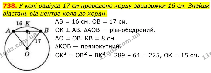 738. У колі радіуса 17 см проведено хорду завдовжки 16 см. Знайди відстань від центра кола до хорди. — ГДЗ Геометрія 8 клас Бевз
