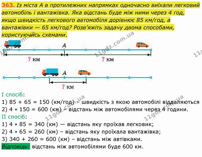 363. Із міста А в протилежних напрямках одночасно виїхали легковий автомобіль і вантажівка. Яка відстань буде між ними через 4 год — ГДЗ Математика 5 клас Кравчук