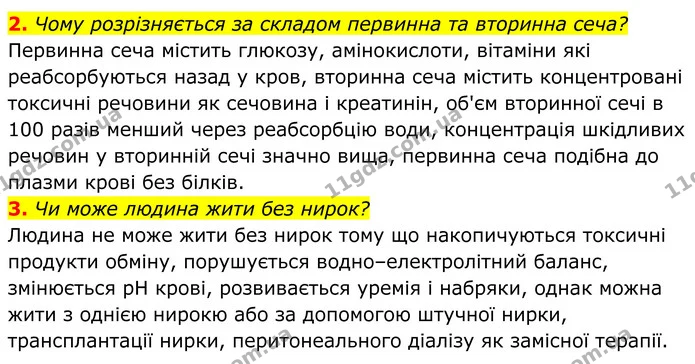 2. Чому розрізняється за складом первинна та вторинна сеча? Первинна сеча містить глюкозу, амінокислоти, вітаміни які реабсорбуються — ГДЗ Біологія 8 клас Балан