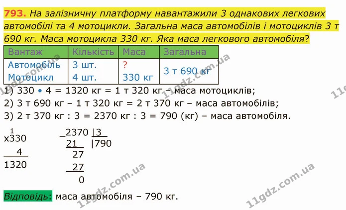 793. На залізничну платформу навантажили 3 однакових легкових автомобілі та 4 мотоцикли. Загальна маса автомобілів і мотоциклів 3 т 690 — ГДЗ Математика 4 клас Лишенко 1-2 ч.