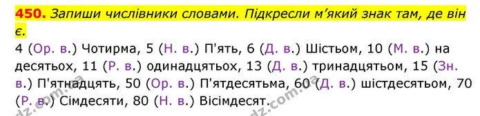 450. Запиши числівники словами. Підкресли м’який знак там, де він є. — ГДЗ Українська мова 6 клас Онатій