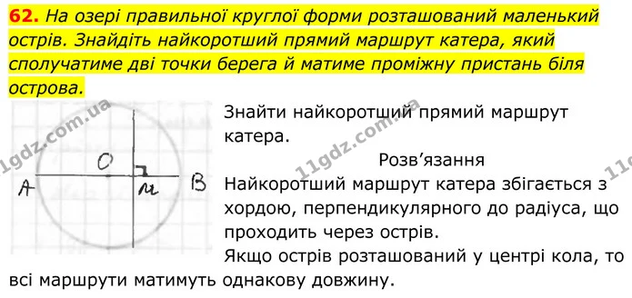 62. На озері правильної круглої форми розташований маленький острів. Знайдіть найкоротший прямий маршрут катера, який сполучатиме дві — ГДЗ Геометрія 8 клас Бурда