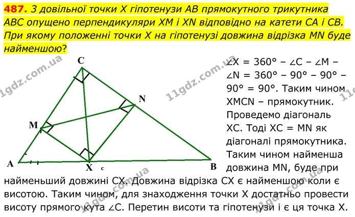 487. 3 довільної точки Х гіпотенузи АВ прямокутного трикутника АВС опущено перпендикуляри ХМ i XN відповідно на катети СА i СВ. При — ГДЗ Геометрія 8 клас Мерзляк