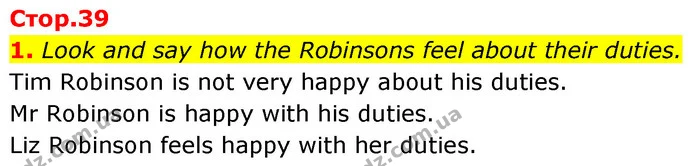 1. Look and say how the Robinsons feel about their duties. — ГДЗ Англійська мова 7 клас Карпюк