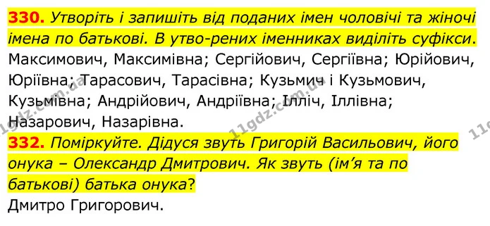330. Утворіть і запишіть від поданих імен чоловічі та жіночі імена по батькові. В утво­рених іменниках виділіть суфікси. — ГДЗ Українська мова 6 клас Заболотний 2020
