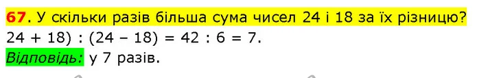 67. У скільки разів більша сума чисел 24 і 18 за їх різницю? — ГДЗ Математика 3 клас Будна 1-2 ч.