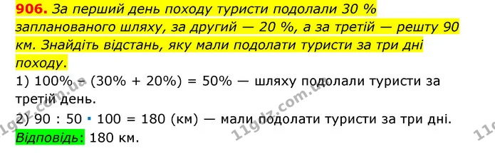 906. За перший день походу туристи подолали 30 % запланованого шляху, за другий — 20 %, а за третій — решту 90 км. Знайдіть відстань — ГДЗ Математика 6 клас Тарасенкова 2023 1-2 ч.
