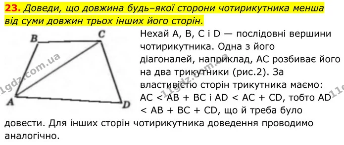 23. Доведи, що довжина будь–якої сторони чотирикутника менша від суми довжин трьох інших його сторін. — ГДЗ Геометрія 8 клас Бевз