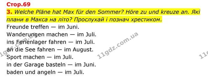 3. Welche Pläne hat Max für den Sommer? Höre zu und kreuze an. Які плани в Макса на літо? Прослухай і познач хрестиком. — ГДЗ Робочий зошит Німецька мова 6 клас Гоголєва
