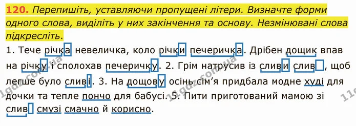 120. Перепишіть, уставляючи пропущені літери. Визначте форми одного слова, виділіть у них закінчення та основу. Незмінювані слова — ГДЗ Українська мова 5 клас Глазова 2022
