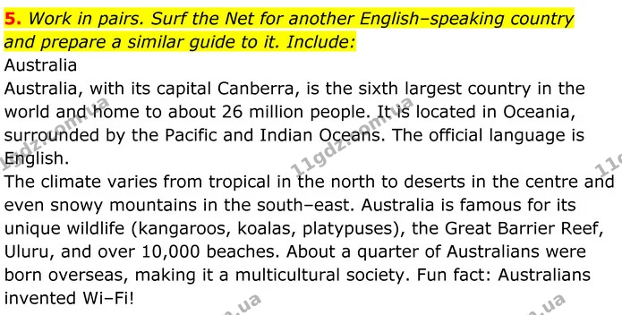 5. Work in pairs. Surf the Net for another English–speaking country — ГДЗ Англійська мова 8 клас Карпюк 2025