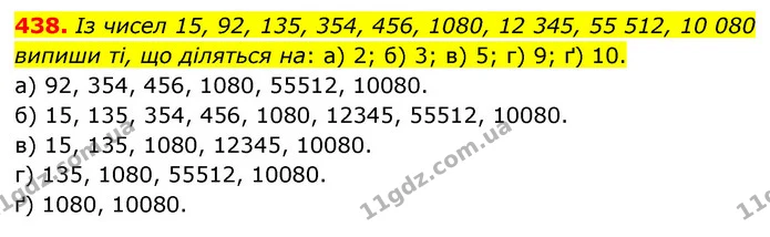 438. Із чисел 15, 92, 135, 354, 456, 1080, 12 345, 55 512, 10 080 випиши ті, що діляться на: а) 2; б) 3; в) 5; г) 9; ґ) 10. — ГДЗ Математика 6 клас Бевз 1-2 ч.