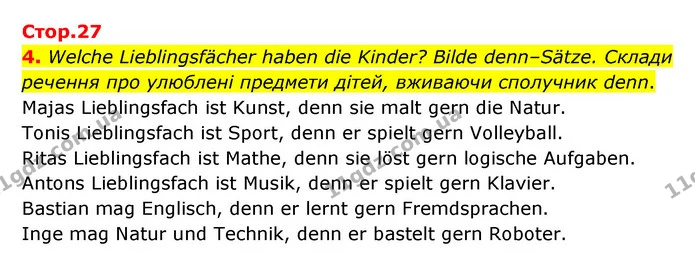 4. Welche Lieblingsfächer haben die Kinder? Bilde denn–Sätze. Склади речення про улюблені предмети дітей, вживаючи сполучник denn. — ГДЗ Робочий зошит Німецька мова 6 клас Гоголєва
