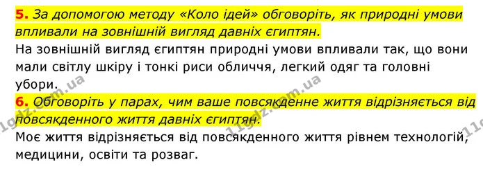 5. За допомогою методу «Коло ідей» обговоріть, як природні умови впливали на зовнішній вигляд давніх єгиптян. — ГДЗ Історія України 6 клас Гісем