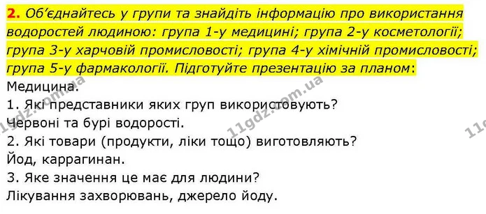2. Об’єднайтесь у групи та знайдіть інформацію про використання водоростей людиною: група 1–у медицині; група 2–у косметології; група — ГДЗ робочий зошит Біологія 7 клас Кулініч