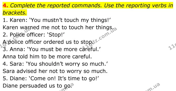 4. Complete the reported commands. Use the reporting verbs in brackets. — ГДЗ Англійська мова 8 клас Стайрінг (Prepare)