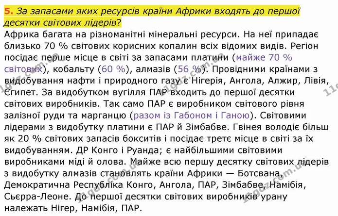 5. За запасами яких ресурсів країни Африки входять до першої десятки світових лідерів? — ГДЗ Географія 10 клас Бойко
