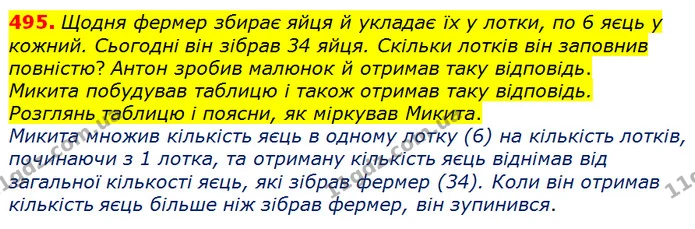 495. Щодня фермер збирає яйця й укладає їх у лотки, по 6 яєць у кожний. Сьогодні він зібрав 34 яйця. Скільки лотків він заповнив — ГДЗ Математика 3 клас Листопад 1-2 ч.