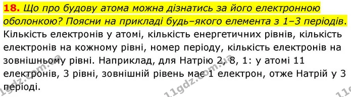 18. Що про будову атома можна дізнатись за його електронною оболонкою? Поясни на прикладі будь–якого елемента з 1–3 періодів. — ГДЗ Хімія 8 клас Ярошенко