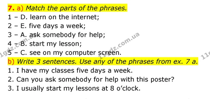 7. a) Match the parts of the phrases. — ГДЗ Робочий зошит Англійська мова 5 клас Косован (Дж. Коста)