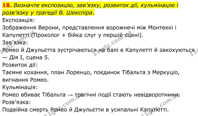 18. Визначте експозицію, зав’язку, розвиток дії, кульмінацію і розв’язку у трагедії В. Шекспіра. — ГДЗ Зарубіжна література 8 клас Міляновська