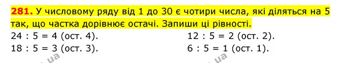 281. У числовому ряду від 1 до 30 є чотири числа, які діляться на 5 так, що частка дорівнює остачі. Запиши ці рівності. — ГДЗ Математика 3 клас Будна 1-2 ч.