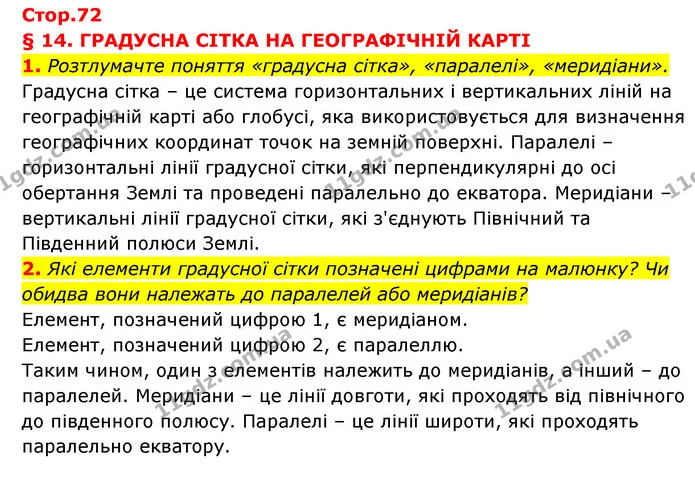 1. Розтлумачте поняття «градусна сітка», «паралелі», «меридіани». — ГДЗ Географія 6 клас Кобернік (2023)