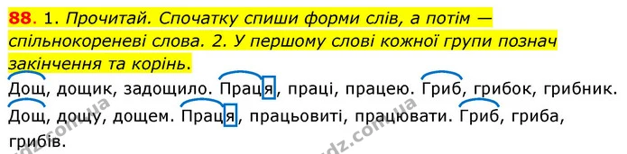88. 1. Прочитай. Спочатку спиши форми слів, а потім — спільнокореневі слова. 2. У першому слові кожної групи познач закінчення та — ГДЗ Українська мова та читання 3 клас Кравцова (1 частина)