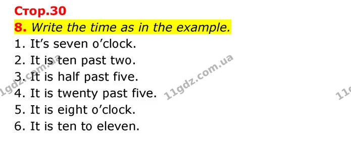 8. Write the time as in the example. — ГДЗ Робочий зошит Англійська мова 5 клас Косован (Дж. Коста)