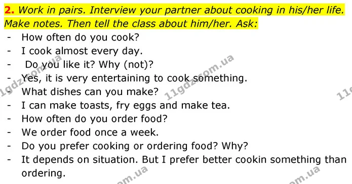 2. Work in pairs. Interview your partner about cooking in his/her life. — ГДЗ Робочий зошит Англійська мова 7 клас Карпюк