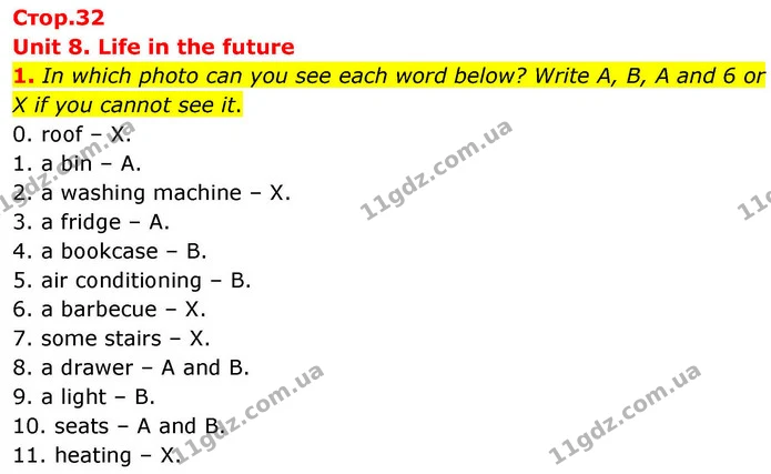 1. In which photo can you see each word below? Write A, B, A and 6 or X if you cannot see it. — ГДЗ робочий зошит Англійська мова 7 клас Prepare