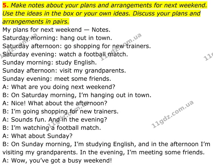5. Make notes about your plans and arrangements for next weekend. Use the ideas in the box or your own ideas. Discuss your plans and — ГДЗ Англійська мова 8 клас Стайрінг (Prepare)