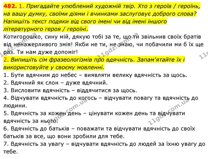 482. 1. Пригадайте улюблений художній твір. Хто з героїв / героїнь, на вашу думку, своїми діями і вчинками заслуговує доброго слова? — ГДЗ Українська мова 5 клас Голуб