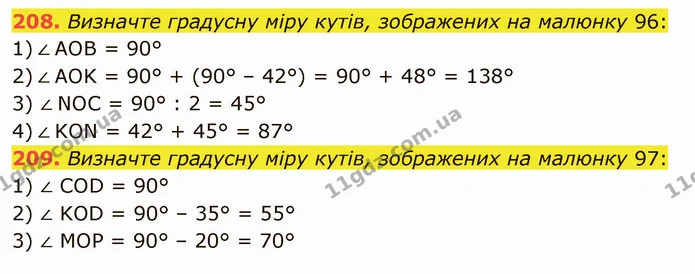 208. Визначте градусну міру кутів, зображених на малюнку 96: — ГДЗ Математика 5 клас Тарасенкова 2022