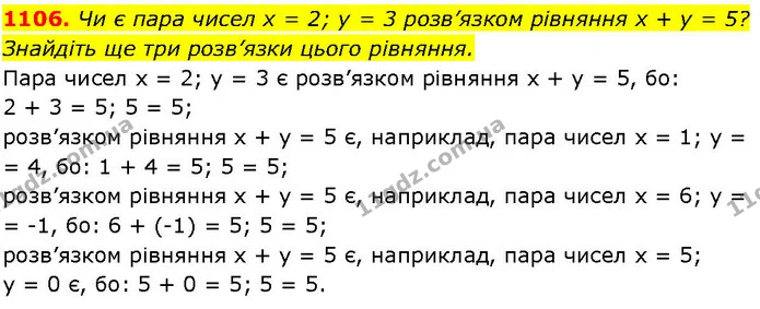 1106. Чи є пара чисел х = 2; у = 3 розв’язком рівняння х + у = 5? — ГДЗ Алгебра 7 клас Істер 2024