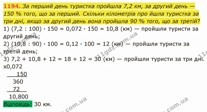 1194. За перший день туристка пройшла 7,2 км, за другий день — 150 % того, що за перший. Скільки кілометрів про йшла туристка за три — ГДЗ Математика 5 клас Мерзляк