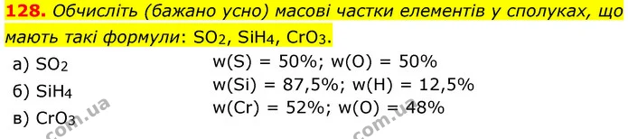 128. Обчисліть (бажано усно) масові частки елементів у сполуках, що мають такі формули: SO2, SiH4, CrO3. — ГДЗ Хімія 7 клас Попель 2020