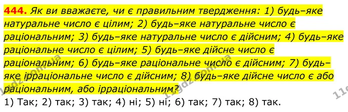 444. Як ви вважаєте, чи є правильним твердження: 1) будь–яке натуральне число є цілим; 2) будь–яке натуральне число є раціональним; 3) — ГДЗ Алгебра 8 клас Мерзляк